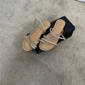 J/SLIDES Tan and Silver Sandals Minimalist Design
